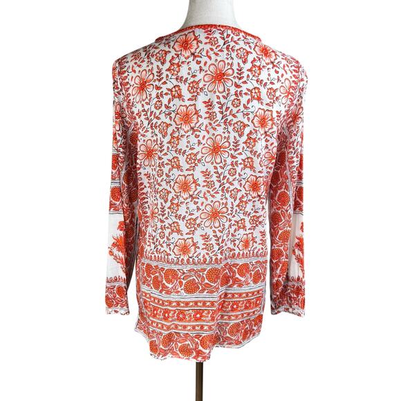 Calypso St. Barth Orange Floral Print Sheer Long Sleeve Tassel Tie Up Top - Picture 4 of 12